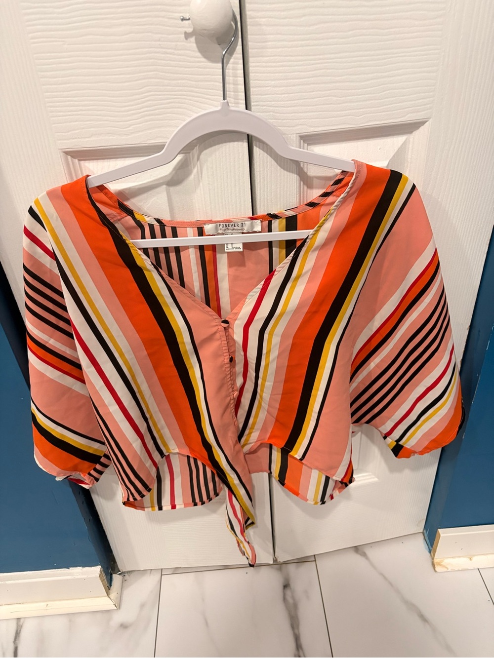 Forever 21 Peach, Orange & Yellow Striped Tie-Front Blouse